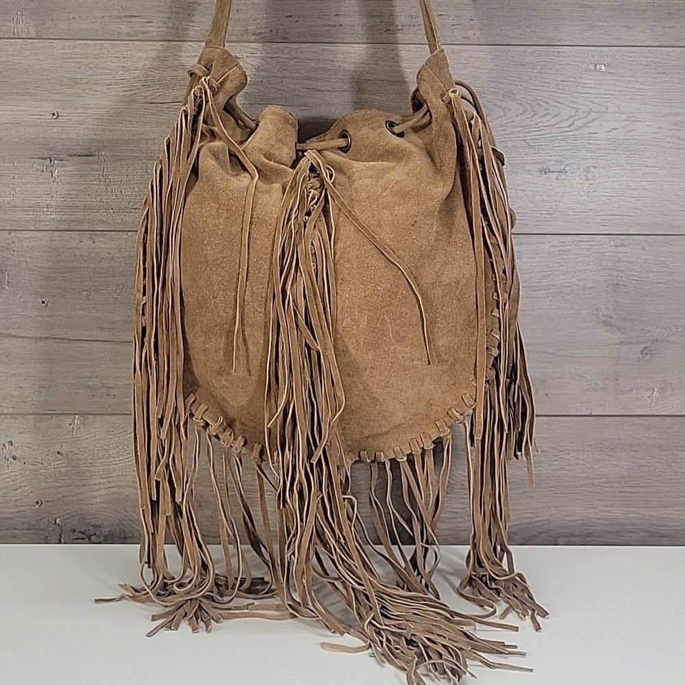Raj for Anthropologie Boho Fringe Suede Bucket Crossbody Bag - Tan - Picture 2 of 12